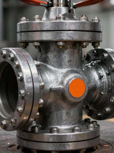 Extreme close-up of a massive steel blowout preventer valve, high-contrast industrial lighting, metallic textures and orange safety markings.