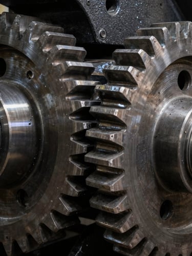 Extreme macro detail of precision-engineered steel gears inside heavy mining machinery, dramatic high-contrast lighting, dark metallic textures.