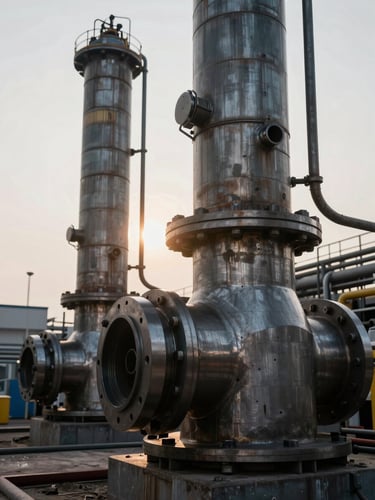 Dramatic industrial backlighting on massive steel refinery components, overcast gritty outdoor environment, extreme macro detail of precision engineering, zero people.
