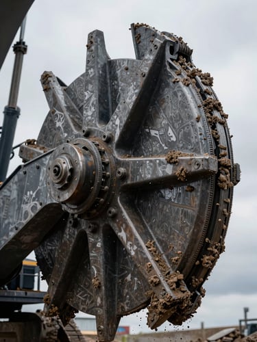High-contrast close-up of a massive steel bucket-wheel excavator tooth, wet with mud, overcast sky, dramatic industrial scale