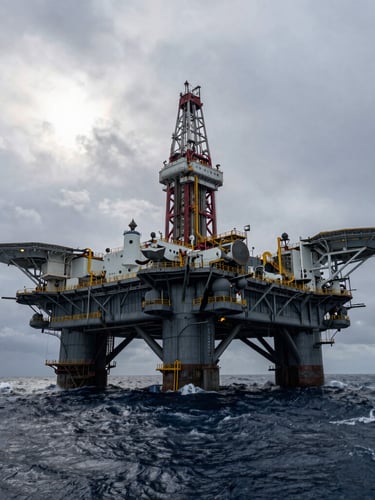 Wide panoramic view of an offshore oil rig operating in a stormy, high-contrast ocean environment, dramatic low-angle shot, overcast sky with sun breaking through steel structures.