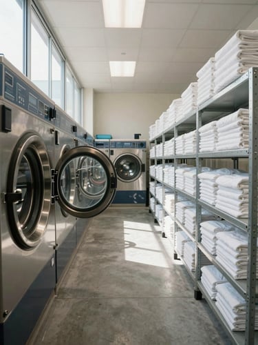 Wide environmental shot of a hotel back-of-house laundry corridor, industrial washing machines running, folded white linens stacked on shelving, natural daylight from a high window casting clean light across the concrete floor, no people visible