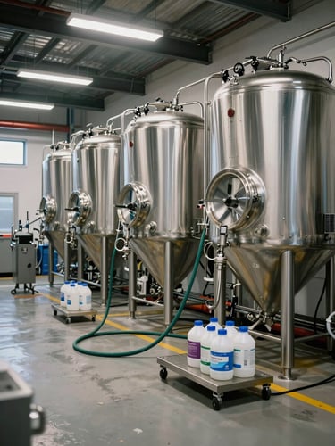 Wide shot of a craft brewery production floor, stainless steel fermentation tanks under industrial overhead lighting, cleaning hoses and product containers on the floor nearby, no people, conveying scale and hygiene standards