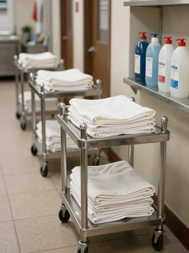 Wide shot of a hotel back-of-house service corridor at natural daylight, stainless steel trolleys with folded white linens, industrial cleaning supply bottles on a shelf to the right, no people, showing operational scale and cleanliness