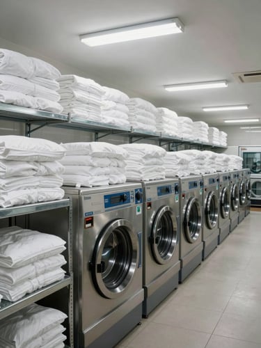 Wide panoramic view of a large hotel laundry room with industrial washing machines running, stacks of white linens on metal shelves, overhead fluorescent lighting, no people, emphasizing volume and operational scale