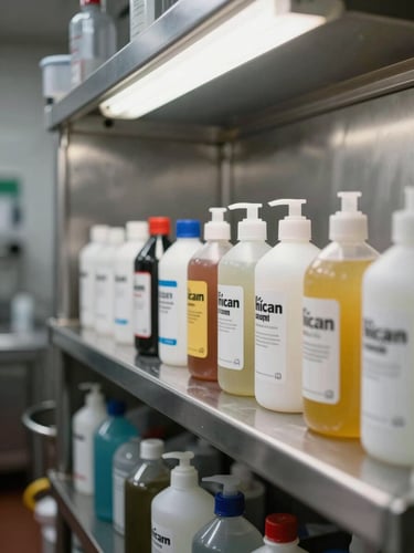 Close-up wide shot of industrial kitchen prep area, stainless steel surfaces gleaming under overhead fluorescent light, chemical product bottles lined up on a shelf to the right, no people, scale and cleanliness evident