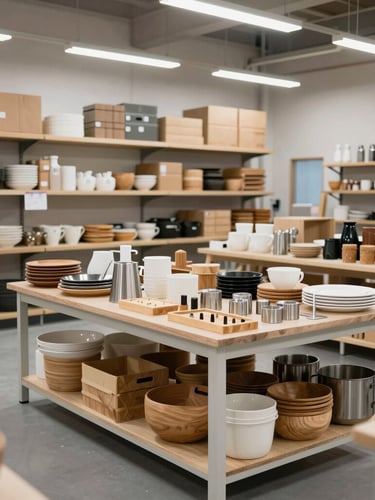 Wide-angle view of an organized, modern homeware assembly line, natural light streaming through high windows, clean stainless steel surfaces.