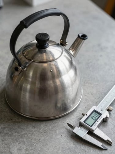 A close-up, high-angle technical shot of a stainless steel kettle prototype next to a digital caliper showing precise measurements, cool workshop daylight, clean concrete background.