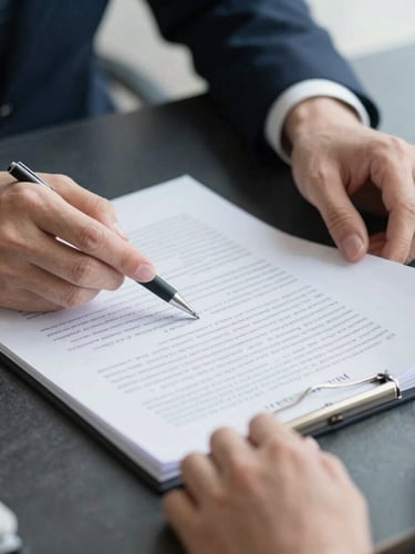 Close-up of hands analyzing legal documents on a dark slate desk under cool natural daylight, shallow depth of field, 35mm
