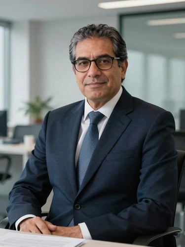 Editorial portrait of Lic. Marco Aurelio Baltazares, a mature lawyer with a confident expression, sitting in a modern architectural office, cool daylight, shallow depth of field, 35mm photography.