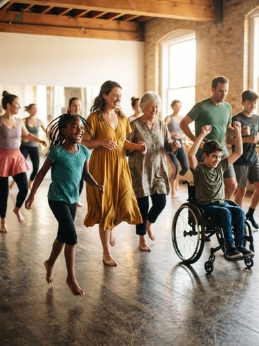 Dynamic action shot of diverse dancers of all ages and abilities, mid-movement in a bright, sunlit studio, shallow depth of field, warm natural daylight, vibrant inclusive tones, authentic motion, wide environmental angle.