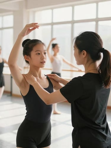 A young dancer receiving encouraging feedback from an instructor in a brightly lit studio, warm natural daylight, dynamic action photography, shallow depth of field, inclusive tones, authentic motion, instructor's hand on dancer's shoulder, dancer's face expressive, portrait aspect.