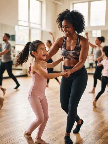 Warm, natural daylight, diverse dancers and instructors interacting joyfully in a studio, mid-movement, shallow depth of field, authentic motion, inclusive tones. Instructor guiding a young student, both smiling.