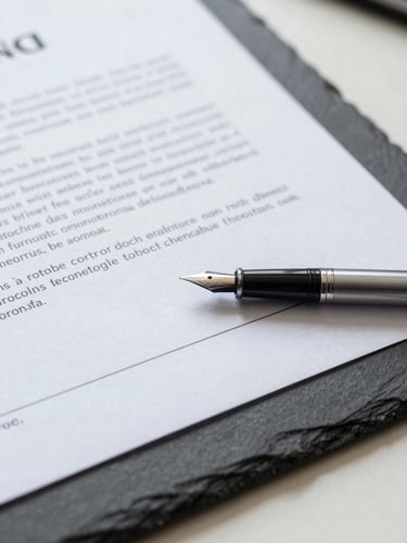Close-up of a structured corporate contract on a slate table, a clean fountain pen resting on the signature line, bright neutral daylight, crisp shadows