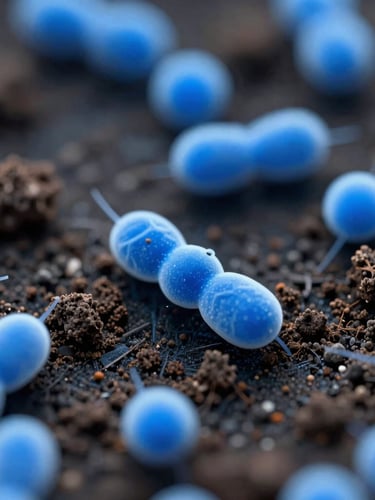 Macro photograph of active soil microbes under fluorescent blue laboratory imaging, high-contrast scientific details, sharp depth of field