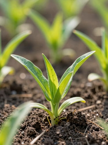 Vibrant green agricultural crops emerging from rich dark soil under bright high-key natural sunlight, sharp macro depth of field