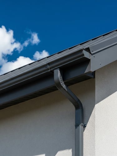 Sleek modern dark grey aluminum gutters installed on a clean roofline under bright direct sunlight, deep blue sky, architectural detail