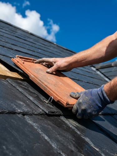 Sleek slate roof repair under bright sunlight, close-up of hands replacing a terracotta tile, high-contrast rich blue sky, crisp architectural photography