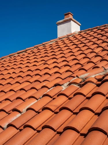 Sleek terracotta roof tiles under bright direct sunlight, crisp blue sky, high-contrast architectural photography, sharp details of clean roof surface