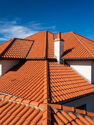 A pristine clean terracotta tile roof under bright direct sunlight, high-contrast blue sky, sharp architectural details