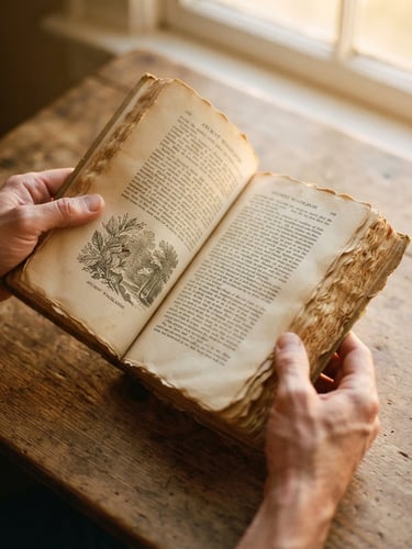 Overhead macro shot of hands holding an open physical book with yellowed deckle-edge pages, soft golden-hour window light casting warm organic shadows, 35mm photography