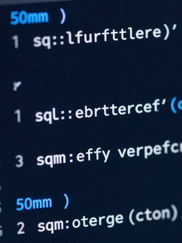 Macro close-up of clean SQL code on a high-resolution monitor, cool-toned blue highlights, deep slate background, sharp focus, 50mm