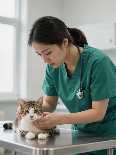 Medium shot of a compassionate female veterinarian in green scrubs gently examining a cat on a metal table, bright natural side light, clinical clean environment.