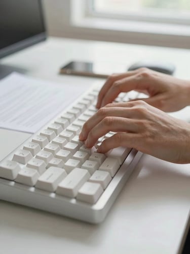 Close-up of human hands typing on a mechanical keyboard, fingers mid-keystroke on white keys, a printed document visible to the left, soft north-facing daylight from a window, clean white desk surface