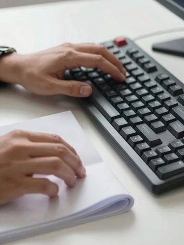 Close-up wide shot of a pair of hands resting on a mechanical keyboard beside a stack of curled, scanned paper documents on a clean white desk, bright north-facing studio daylight, fingers mid-keystroke visible, paper edges sharp