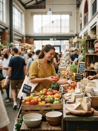 A busy modern food market hall with soft natural light streaming through high windows, people browsing stalls of fresh heirloom tomatoes and artisanal cheeses, warm editorial photography, shallow depth of field.