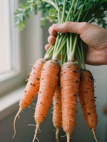 A close-up of weathered hands holding freshly harvested heirloom carrots with dirt still clinging to them, soft natural overcast daylight, shallow depth of field.