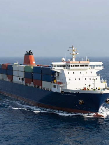 Sleek modern container ship sailing through deep blue ocean waters, wide cinematic angle, cool overcast daylight, sharp focus, 35mm lens