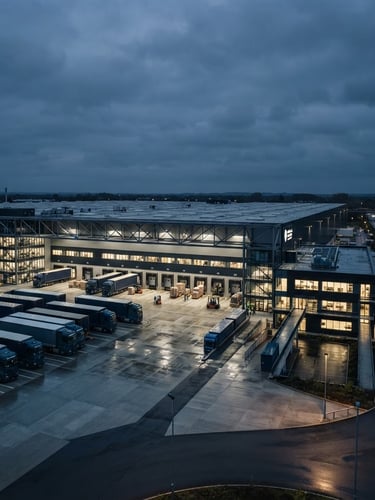 Sleek modern logistics hub at dusk, cool overcast daylight, deep navy and slate tones, sharp focus, architectural scale, 35mm lens