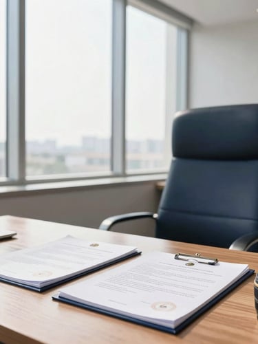 A bright, professional Islamabad corporate office with daylight streaming through large windows, modern legal documents with official seals on a clean wooden desk, 35mm lens.