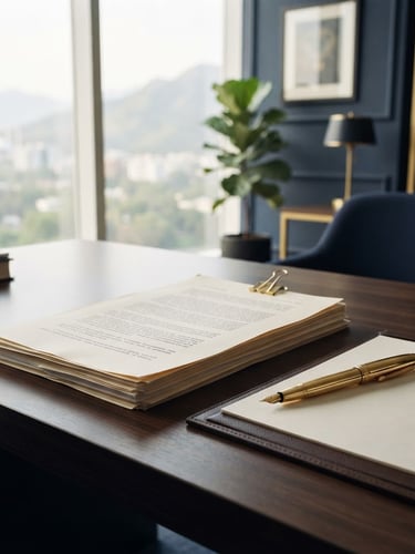 Professional editorial photography, bright daylight office in Islamabad, clean desk with legal documents and gold pen, 35mm lens