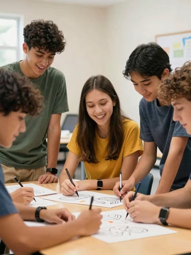 Vibrant medium shot of teenagers collaborating on a creative group project in a bright Georgia community center, warm natural light, authentic laughter and focus