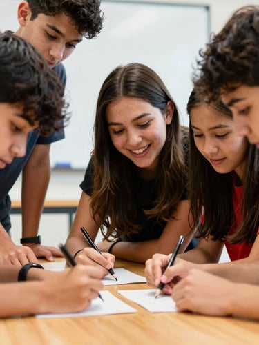 Warm high-contrast photography of Georgia teenagers collaborating on a hands-on group project around a wooden table, authentic expressions of focus and laughter, 35mm lens