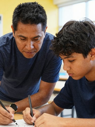 A warm close-up of a mentor and a teenage student collaborating on a project in a bright Atlanta community center, natural daylight, authentic expressions of focus and mutual respect