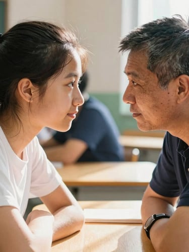 A warm editorial close-up of a teenage student and a mentor sitting eye-to-eye at a table, natural daylight streaming in, authentic focus, 35mm lens