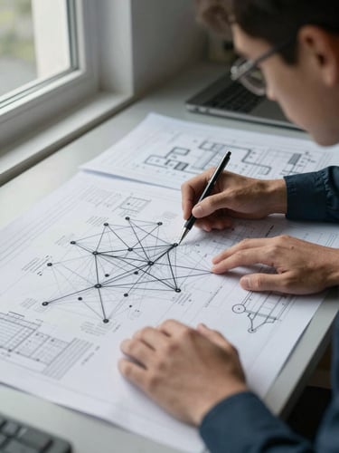 Wide shot of an engineer reviewing printed infrastructure topology diagrams spread across a desk, cool neutral daylight from a window to the left, hands tracing a network path with a pen, technical detail visible