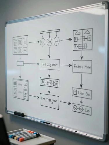 Close overhead shot of a whiteboard covered in hand-drawn system architecture diagrams, dry-erase markers resting in the tray below, cool diffused studio light, no text legible, workspace context visible at edges