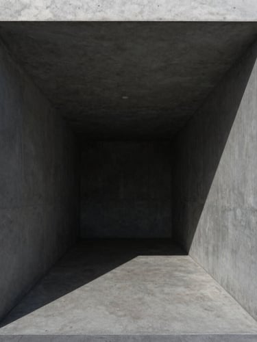 Symmetrical concrete architectural corridor, sharp geometric shadows, cool daylight, minimalist design, 35mm lens