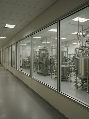 Environmental wide shot of a corporate pharmaceutical facility interior, long corridor with operational rooms visible through glass walls, available overhead light documenting the working infrastructure