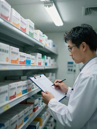 Close environmental shot inside a pharmaceutical cold-storage room, shelving units lined with labeled medication cartons, a technician in a white coat checking a clipboard against inventory labels under cool fluorescent overhead light, hands and labels in focus, documentary framing