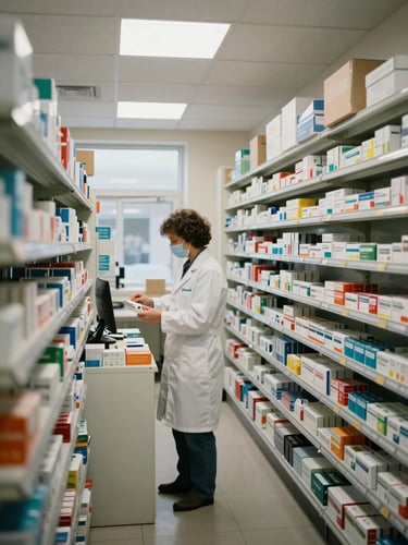 Wide shot of a working pharmacy interior, shelves fully stocked mid-restock, a pharmacist's hands organizing medication boxes under steady overhead fluorescent and window light, operational and documentary in feel