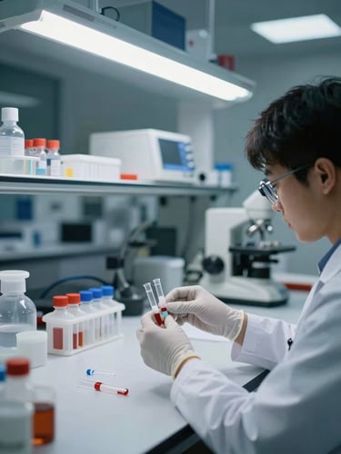 Wide laboratory bench shot, technician's gloved hands handling sample tubes under cool overhead fluorescent light, analytical instruments and reagent racks visible in background, documentary framing, no studio setup