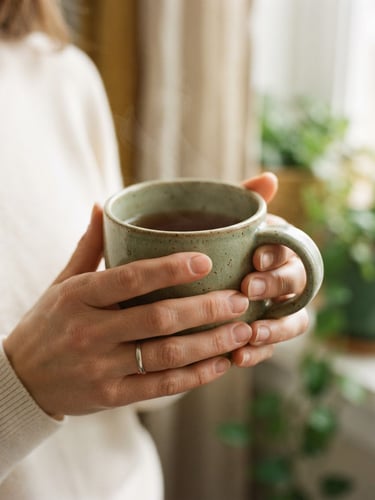 A serene, close-up photograph of hands holding a warm ceramic mug in soft morning window light, muted sage tones, shallow depth of field, 35mm film texture.