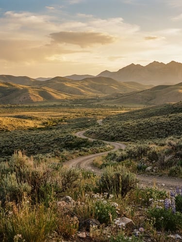 Wide environmental shot of serene Tooele County landscape, soft rolling hills of northern Utah at golden hour, warm late afternoon light, soft shadows, 35mm film texture