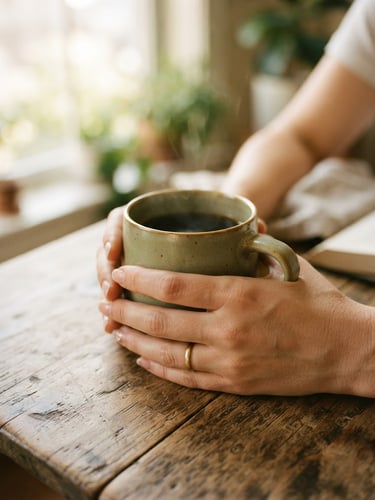 A close-up of hands holding a warm ceramic mug on a wooden table, soft morning window light, muted sage and gold tones, shallow depth of field, 35mm film texture
