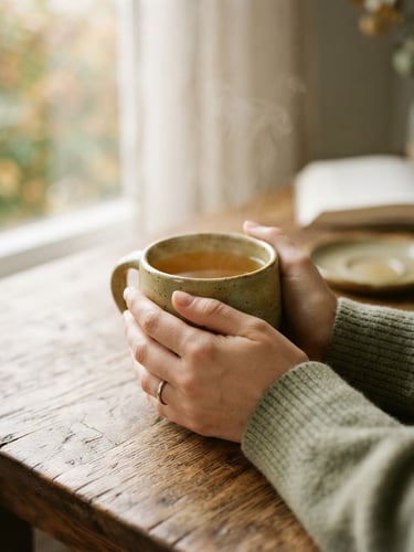 A close-up photograph of hands holding a warm ceramic mug on a wooden table, soft morning window light, muted sage and gold tones, shallow depth of field, 35mm film texture.